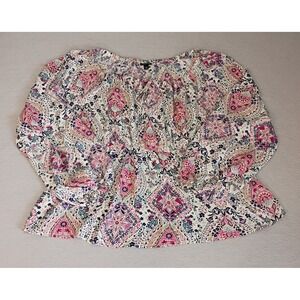Torrid Top Womens 1X White Pink Floral Tunic Flowy Baby Doll Tie Up Chest